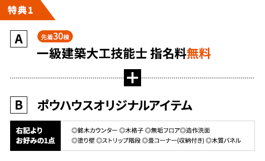 特典1 A 先着30棟 一級建築大工技能士指名料 無料 + B ポウハウスオリジナルアイテム (50万円相当)