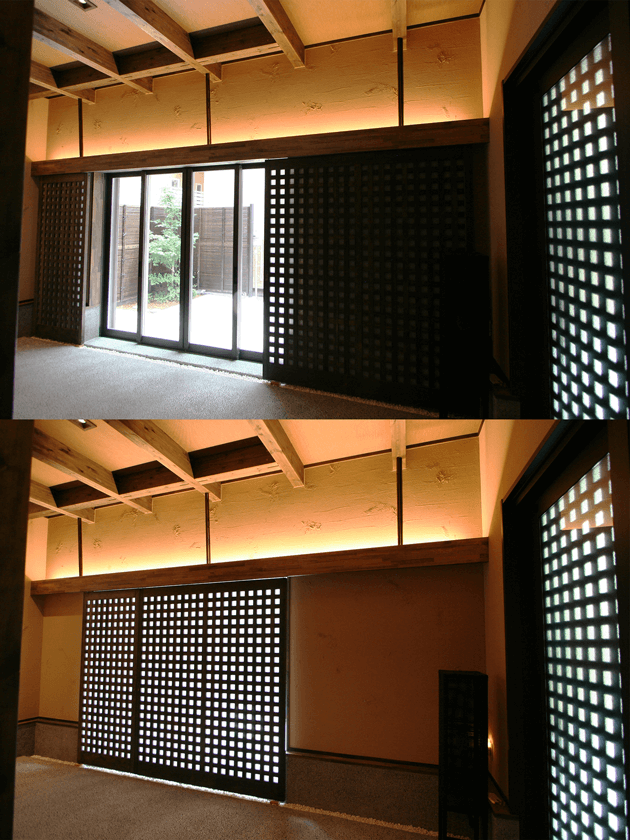 間接照明による玄関のライトアップの画像