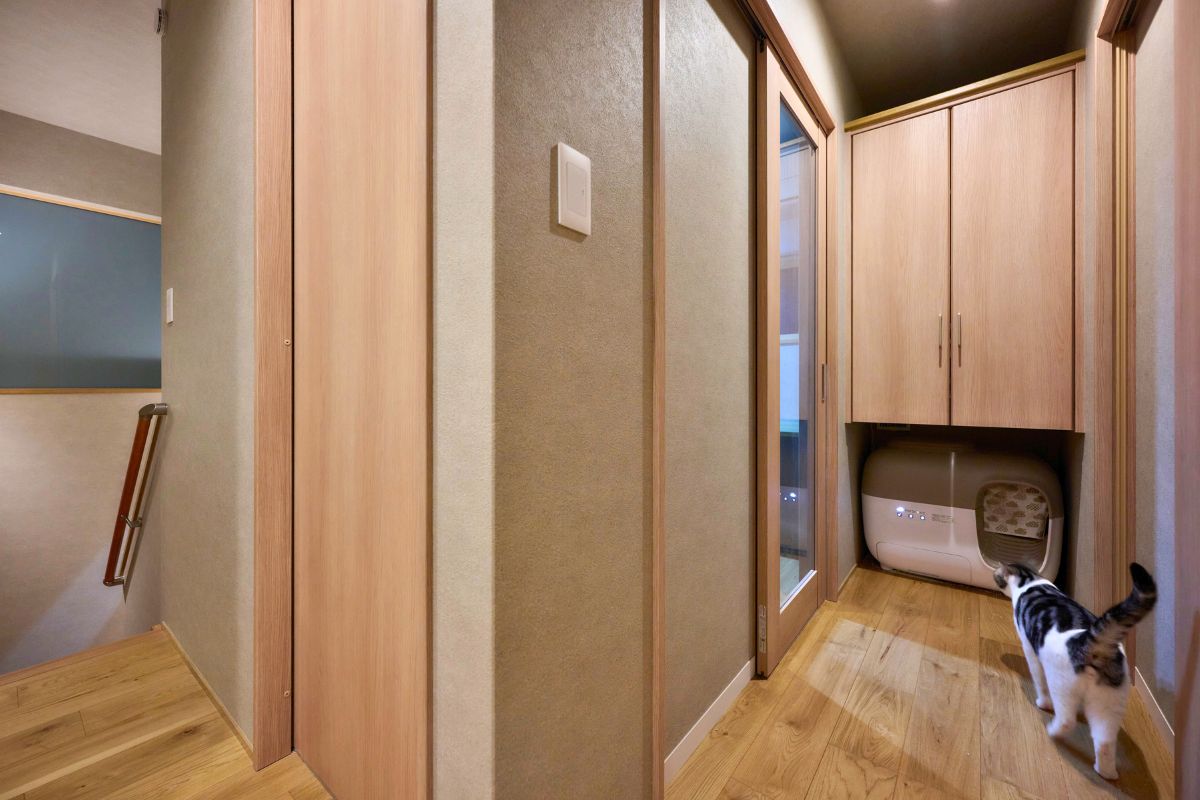猫用トイレを設置した2階ホールの画像